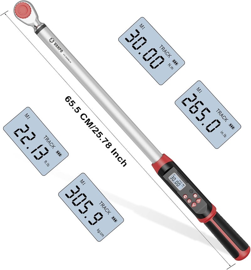 VANPO Digital Torque Wrench 1/2-Inch Drive 12.5-250.8 ft-lbs./17-340Nm, Electronic Torque Wrench with Buzzer & LED Indicator, Accurate to ±2%,Torque Wrench Set for Bike Moto Car - Image 3